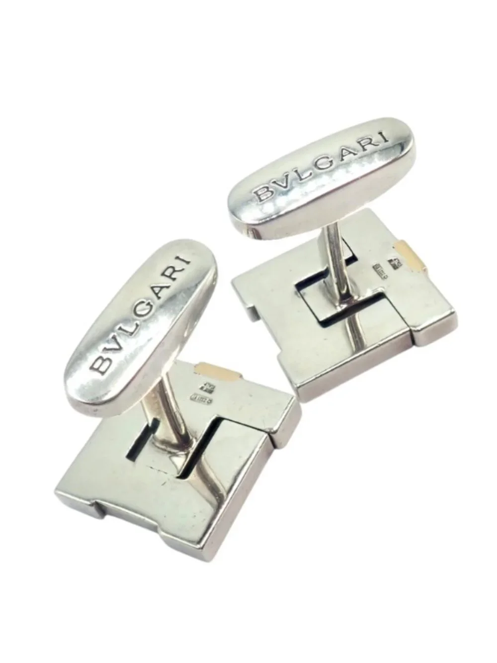 Authentic! Bulgari Bvlgari 18k Yellow Gold + Sterling Silver Square Cufflinks
